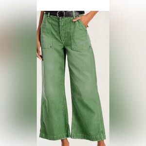 Flamingals Flap Pocket Back Mid Waist Wide Leg Crop Pants in Green NWT